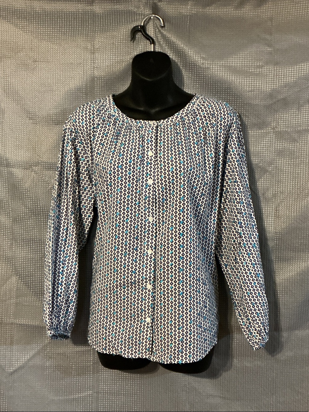 Velvet Long Sleeve Button-Front Blue & White Geo Print Top